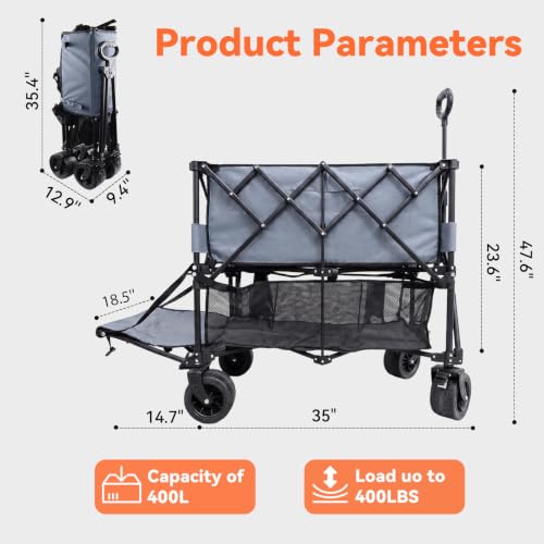 700L Large Capacity Gray Double Decker Wagon Collapsible Wagon with Tailgate 55'' Extra Long, Foldable 600lbs Heavy Duty Beach Cart with All-Terrain Big Wheels, Sports,Outdoor,Shoping Cart - color: Gray