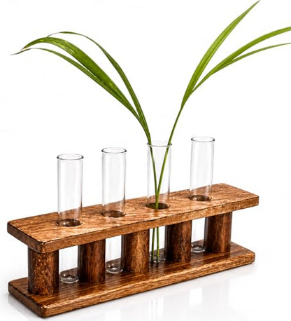 Wooden Plant Propagation Station Stand with Four Glass Test Tubes Indoor Desktop Terrarium for Hydroponics Water Plant Cutting Flower Vase Planter Home Office Garden Decor Plant Lover Gifts, Brown