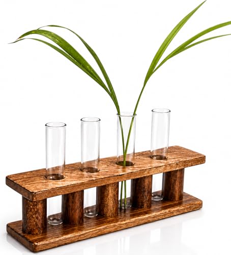 Wooden Plant Propagation Station Stand with Four Glass Test Tubes Indoor Desktop Terrarium for Hydroponics Water Plant Cutting Flower Vase Planter Home Office Garden Decor Plant Lover Gifts, Brown