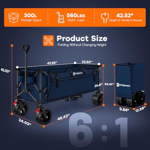 Originsure 300L Beach Wagons Carts Foldable with Big Wheels, 560lbs, Blue - color: Blue
