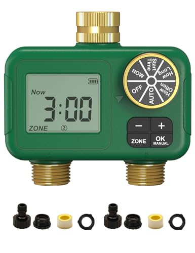MOES 2 Zone Water Timer, Brass Fittings, Rain Delay, No Wi-Fi Required - style: 2 Zones (2 Outlets)