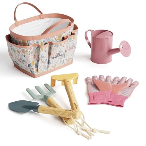 Gardening Set, Tool Kit, for Kids, STEM, Includes Tote Bag, Spade, Watering Can, Rake, Fork, Trowel and Gloves (Petal) - color: Petal