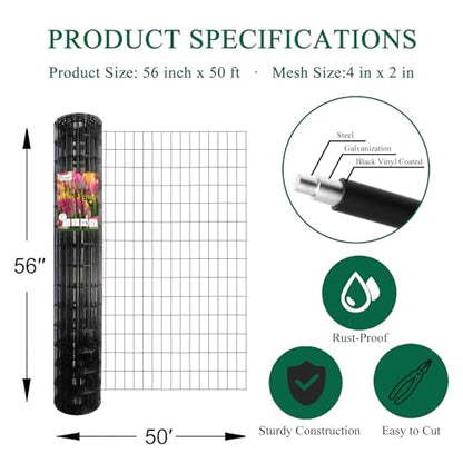 Black PVC Coated Welded Wire Fence 56" x 50' Roll, 2"x4" Mesh, 14 Gauge - color: Black, size: 2''x4'' 14GA 56''x50'