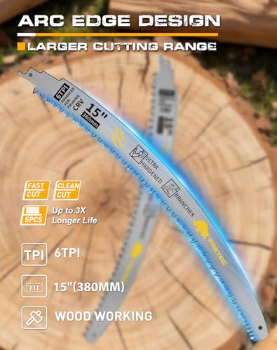 15-Inch Arc Edge Reciprocating Saw Blades, 6TPI for Wood Pruning, 5 Pack - size: 15 INCH