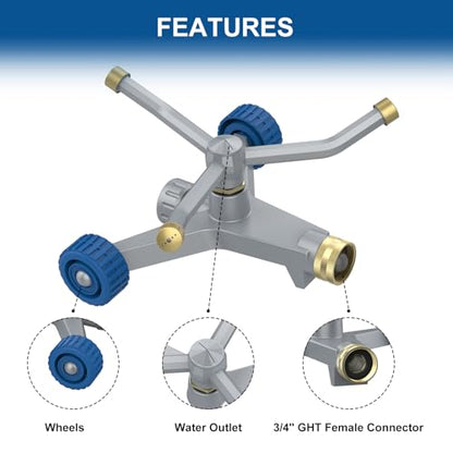 Sprinklers for Yard, 3-Arm Metal Sprinkler with Wheel Base, 360-degree Automatic Rotary Lawn Sprinkler System for Garden Yard