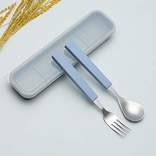 VANRA 2-Piece Children Flatware Set 18/10 Stainless Steel Child Tableware Set Silver Cutlery Set Silverware Dinner Utensils Spoon Fork Set with Travel Case for Kids (Chrome Finished) (Blue) - color: Blue