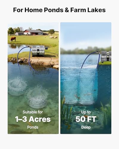 VEVOR Pond Aerators, 5.2CFM Aeration System for Lake up to 3 Acres, 3/4 HP Air Compressor, 2 Diffusesr & Two100' Weighted Tubings, Aeration Pump for Outdoor Ponds & Lakes Deep Water Oxygen Circulation - size: 5.2CFM+2 Nano diffusers