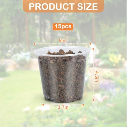 15 Pack Clear Nursery Pots with Drainage Holes, 5 Inch Seed Starting Plastic Plant Pots, Transparent Variety Pack Flexible Garden Pot for Outdoor Indoor (Clear, 5 Inch) - size: 5 Inch