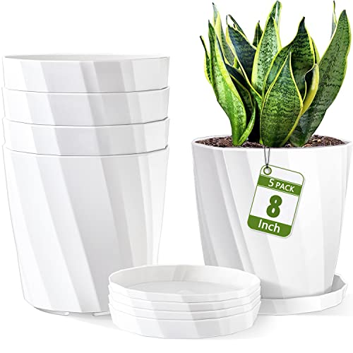 8 Inch Plant Pots with Drainage Holes and Saucers - Flower Pots for Indoor Plants - White Plastic Planters for Outdoor Plants - House Planting Pots Set