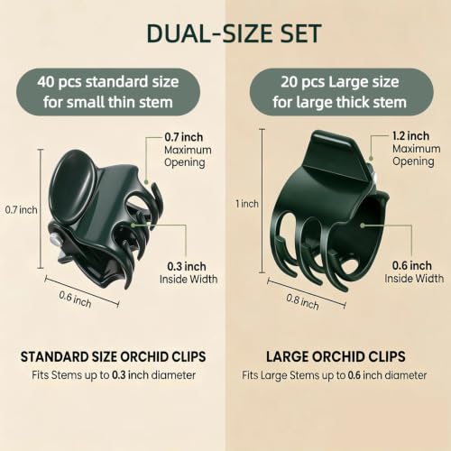 60 Pcs Dual‑Size Orchid Clips, Dark Green Plant Stem Support Clips - size: 60Pcs Mixed Size