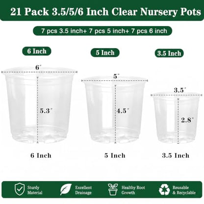 OUPSAUI 21 Pack 3.5/5/6 Inch Clear Nursery Pots for Plants, Clear Plant Pots with Drainage Holes, Flexible Plastic Plant Pots, Seedling Planter Seed Starter Pots(3.5+5+6 Inch) - size: 3.5+5+6 INCH