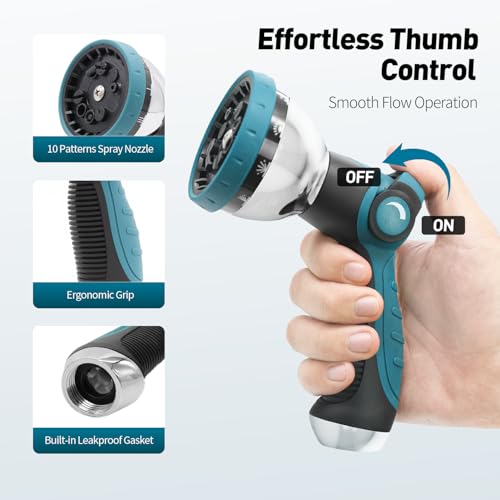 Besiter Garden Hose Nozzle, Hose Sprayer Nozzle with 10 Spray Patterns, Thumb Control On Off Valve, High Pressure Metal Water Hose Nozzle for Car Wash, Plants, Pets & Outdoor Cleaning, Blue - color: Blue
