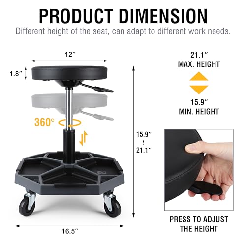 Olympia Tools Adjustable Hydraulic Rolling Mechanics Stool with with Removable Tool Tray, 300lbs Max Weight Capacity, 419-110-1002 - style: Round