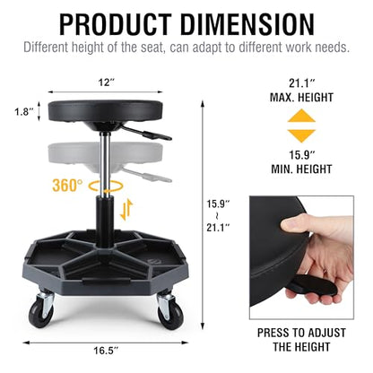 Olympia Tools Adjustable Hydraulic Rolling Mechanics Stool with with Removable Tool Tray, 300lbs Max Weight Capacity, 419-110-1002 - style: Round