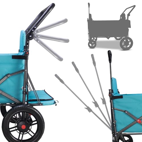 TMZ Collapsible Wagon with 2 Foldable Seats, Folding Cart with Removable Canopy, Heavy Duty Wagon 265LBS Load Capacity for Camping Garden Shopping (Turquoise) - color: Turquoise