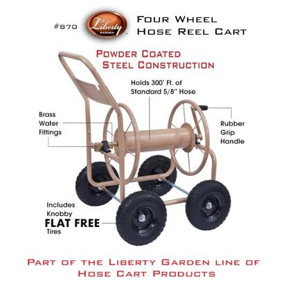 Liberty Garden Industrial 4 Wheel 300 Foot of 0.625 Inch Hose Steel Frame Water Hose Reel Cart for Backyard, Garden, or Lawn, Beige