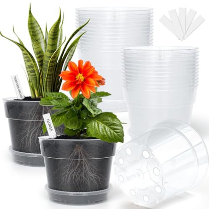 BTPLASTIK Clear Plastic Nursery Pots for Plants, 6 Inch Transparent Plant Pot with Drainage Holes, Flower Pots with Saucers, Seed Starter Pots with 15 Pcs Plant Labels, Gardening Gifts - size: 6 Inch-15P