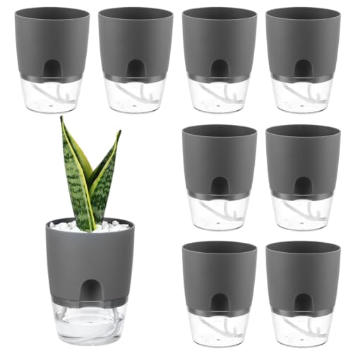 8 Pack Self Watering Pots for Indoor Plants, PlanterHoma 3.2 Inch Plant Pot Plastic Self Watering Planter for Orchid, African Violet, Mini Clear Flower Pots with Drainage Holes and Wicking Rope, Grey - color: Gray, size: 8 Pack (3.2 In)