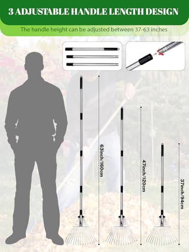 Adjustable Metal Leaf Rake Set Garden Rake for Leaves Long Handle 37"-63" Expandable Head Gardening Tools Set Includes 44 Gallon Bag & Scoop & Gloves Rakes for Lawns Heavy Duty for Yard Lawn Garden