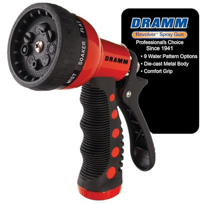 Dramm Revolver Heavy Duty Metal Garden Hose Nozzle – 9 Spray Patterns, High Pressure Jet, Thumb-Control Flow, Ergonomic Grip – Red - color: Red, size: Revolver