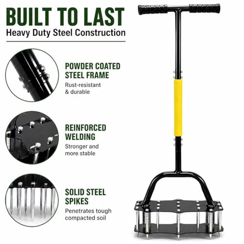Manual Lawn Aerator Tool – Pre-Assembled 16-Spike Yard Aerator with Ergonomic T-Handle, Double-Spring Auto Dirt Clean, Heavy Duty Steel Grass & Soil Aerator for Lawn Aeration