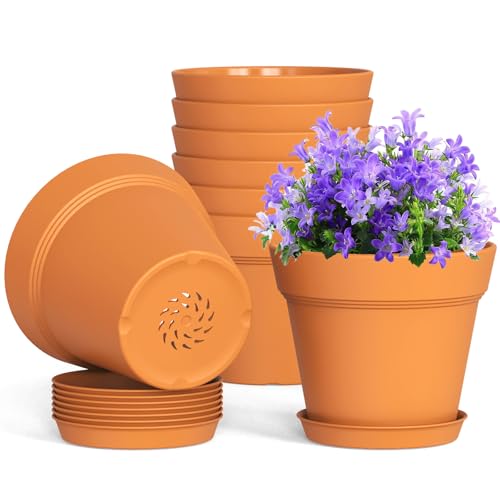 WSMKSZ 4 Inch Plastic Plant Pots with Drainage Holes and Trays – 8 Pack Small Nursery Pots for Indoor & Outdoor House Plants and Flowers, Seedling Starter Planters, Terracotta - color: Terracotta, size: 4in 8pcs