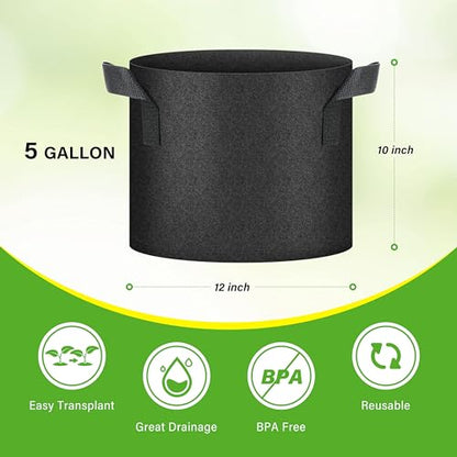 HealSmart 6-Pack 5 Gallon Grow Bags, Nonwoven Aeration Fabric Pots with Handles, Cloth Plant Pots, Suitable for Garden Fruits, Vegetables, Tomato and Flowers, Black - color: Black 6 Pack, size: 5 Gallon