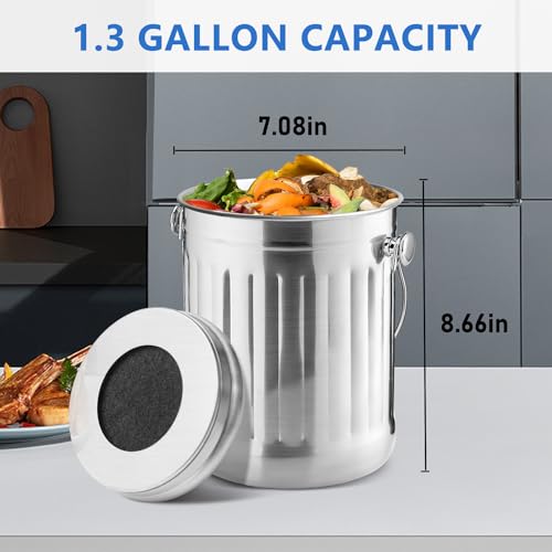ENLOY Kitchen Countertop Compost Bin 1.3 Gallon, Stainless Steel, Silver - color: Silver