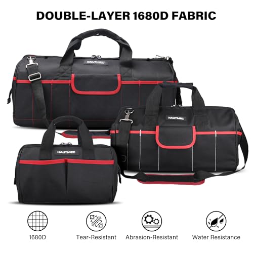 HAUTMEC 3-Piece Large Tool Bag Set (12” / 18” / 24”), Heavy-Duty 1680D Wide Mouth Tool Bag with Metal Frame, Foldable Tool Tote Bag with Non-Slip Base, Double Zippers & Padded Shoulder Strap – HT0297 - style: 3-Piece Set | 12"/18"/24"