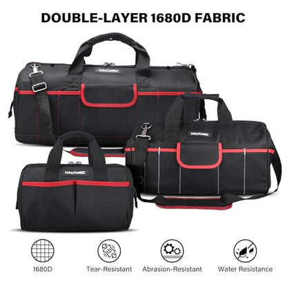 HAUTMEC 3-Piece Large Tool Bag Set (12” / 18” / 24”), Heavy-Duty 1680D Wide Mouth Tool Bag with Metal Frame, Foldable Tool Tote Bag with Non-Slip Base, Double Zippers & Padded Shoulder Strap – HT0297 - style: 3-Piece Set | 12"/18"/24"