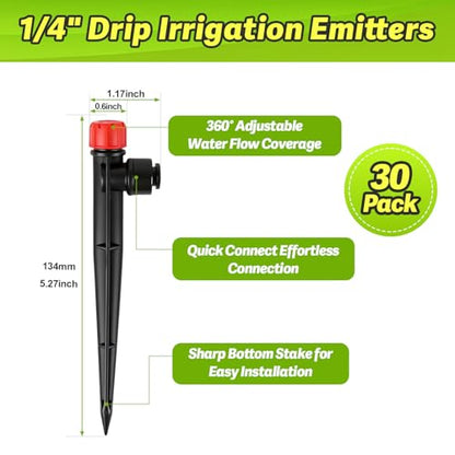 30 Pack Quick Connect Drip Emitters with Stake for 1/4" Irrigation Tubing, Adjustable 360 Degree Water Flow Irrigation Sprayer On 5" Stake Garden Irrigation Dripper for Watering System - color: Push Stream Emitter-30P