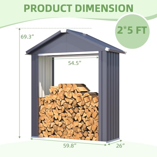 AECOJOY 5x2 Outdoor Firewood Rack Storage Shed, Firewood Rack Outdoor Sheds & Outdoor Storage Cabinet Clearance, Metal Tool Sheds Cabinet Waterproof for Backyard, Garden, Patio in Grey