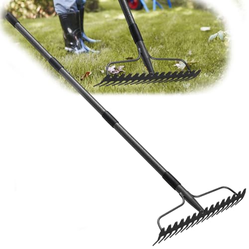 77 inch Bow Rake, 2-in-1 Metal Garden Lawn Rake for Weeding Digger Loosening Soil Raking Leaf Leveling Rocks Spreading Mulch Gravel 17 Tines Adjustable Garden RakeBow Rake - style: 77 inch
