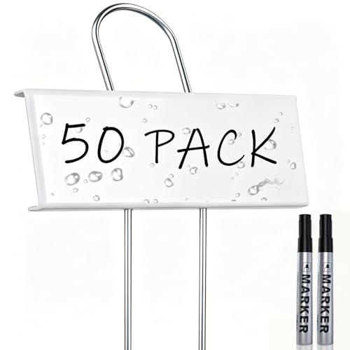 50 Pack Metal Plant Labels with 2 Pens - 10.6" Weatherproof Garden Markers, Reusable Nursery Tags for Vegetables Herbs Flowers Seedlings, White - color: White-50