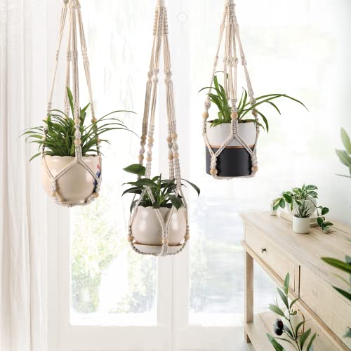 Macrame Plant Hangers with Beads for Indoor and Outdoor, 3 Pack - color: White