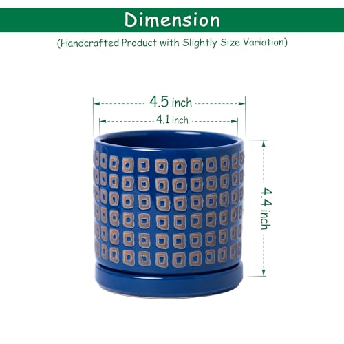 D'vine Dev Set of 2 Ceramic Planter Pots with Drainage Hole and Saucer, 4.5 Inch Plant Pots for Plants Indoor Houseplants, Blue, 99-Z-A-6-V - size: 4", style: Geometric Blue