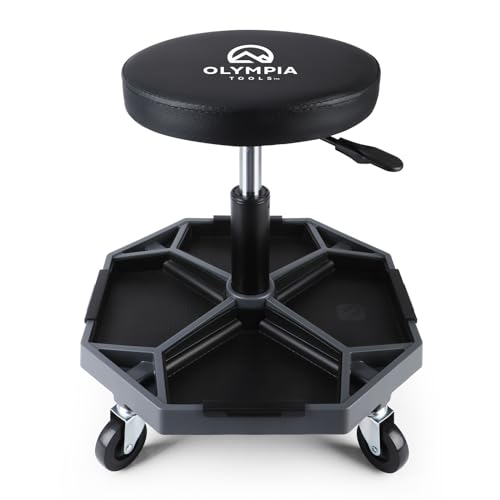 Olympia Tools Adjustable Hydraulic Rolling Mechanics Stool with with Removable Tool Tray, 300lbs Max Weight Capacity, 419-110-1002 - style: Round