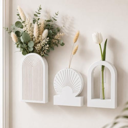 TBWIND White Wooden Wall Vases Set of 3, Wall Planters with Glass Tube Kit - color: White