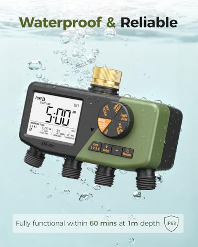 Diivoo 4 Zone Sprinkler Timer with Brass Inlet, Large Display - size: 4 Zone