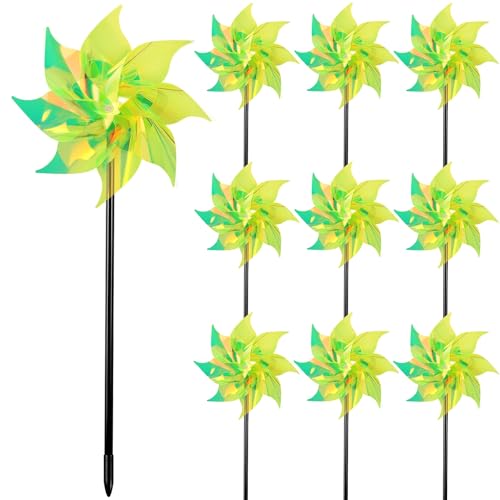 Hausse 10 Pack Reflective Pinwheels Wind Spinner, Extra Sparkly Pinwheel with Stakes, Bird Repellent Blinder Devices Deterrent to Scare Birds Away from Yard Patio Farm Garden, Transparent Yellow - color: Transparent Yellow