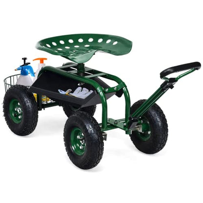 Rolling Garden Cart with Seat, Heavy Duty Gardening Scooter w/Wheels, Storage & Extendable Steering Handle, Garden Work Seat for Planting, Green
