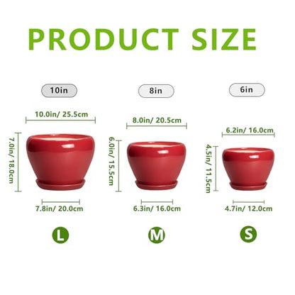 Ceramic Plant Pots, 10+8+6 Inch Ceramic Planters, Bright Red - color: Bright Red
