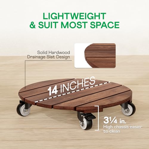 IDZO 2pack Wood Plant Caddy With Wheels Heavy Duty Red Brown, 264 Lbs Capacity, 12 Inch Acacia Hardwood Plant Roller, Plant Stand with 360° Lockable Wheels, Plant Caster for Heavy Objects Hauling - color: Round Wood Brown, size: 12 Inch