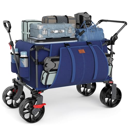 EVER ADVANCED Folding Push Wagon with Brakes, Portable Shopping Cart - color: Blue