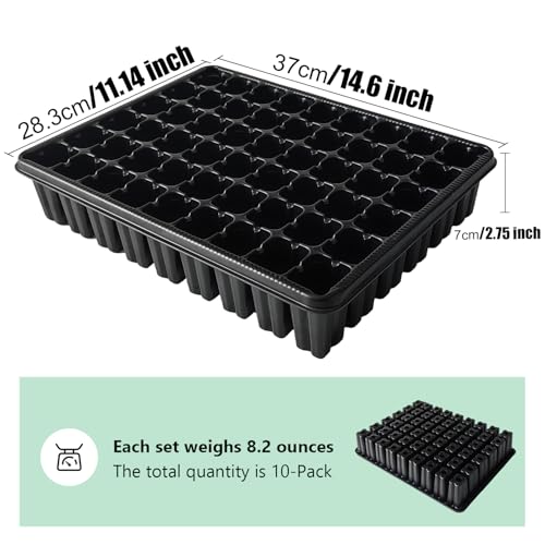 RooTrimmer 54 Cell Seed Starter Trays, 2.8" Deep Plug Flat Tray,10 Pieces Big Holes Germination Tray, Thick Durable Seedling Plastic Nursery Reusable Trays (11.14inch ×14.6 inch, 10-Pack) - size: 54 Cells Plug Tray-10P