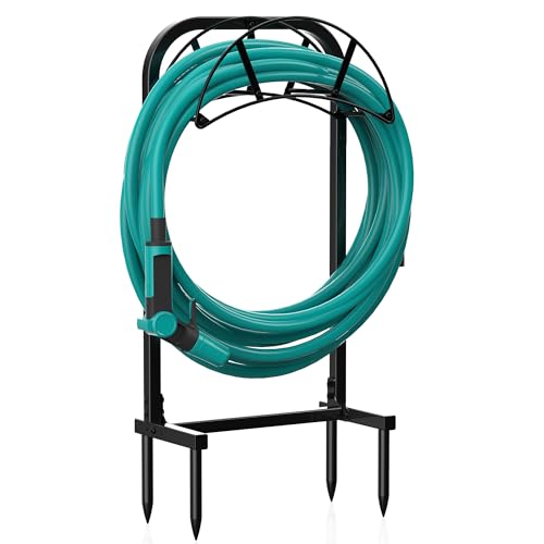 Meykwod Garden Hose Holder, Heavy Duty Water Hose Holder with 4 Spikes Holds 150ft Water Hose, Sturdy Freestanding Hose Stand Hose Hanger Hose Storage for Outside Yard Lawn (Metal, Black)