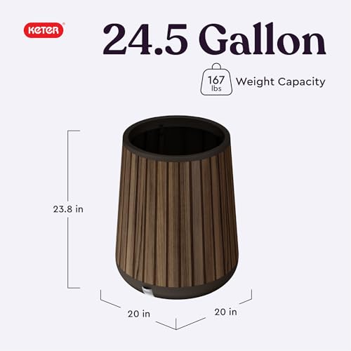 Keter Signature Conic 23.8 Inch Tall Round Large Wood Look Planter for Indoor or Outdoor Flower Pot Ideal for Patio Deck and Front Porch Decor, Rosewood - style: Conic