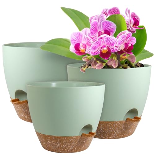 WSMKSZ 12/10/9 inch Self Watering Pots for Indoor Outdoor Plants, Set of 3 - color: Green With Brown, size: 12"+10"+9"