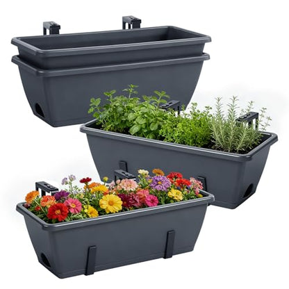 OYEAL Deck Railing Planter Boxes 4 Pack Hanging Window Flower Boxes Outdoor - color: Grey & Black