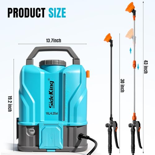 SideKing 4.2 Gallon Battery Powered Backpack Sprayer, 120 PSI Powerful Electric Sprayer Compatible with DeWalt 20V Battery, Max 1.0 GPM, 5 Nozzles & 2 Spray Wands for Lawn, Yard, Weed & Pest Control - size: 4.2 Gallon